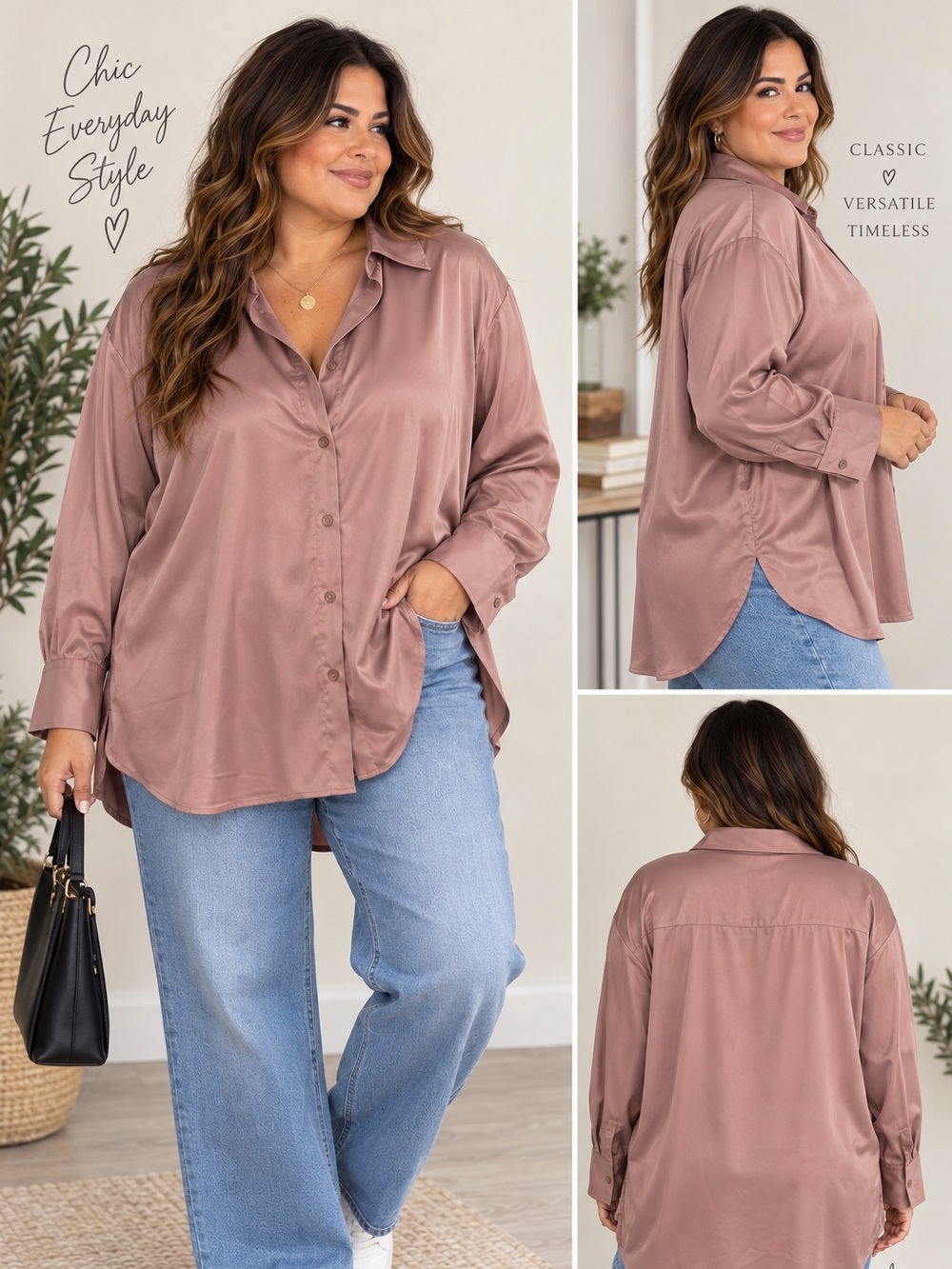 H&M Women’s Satin Button-Up Blouse Dusty Rose XXL NWT